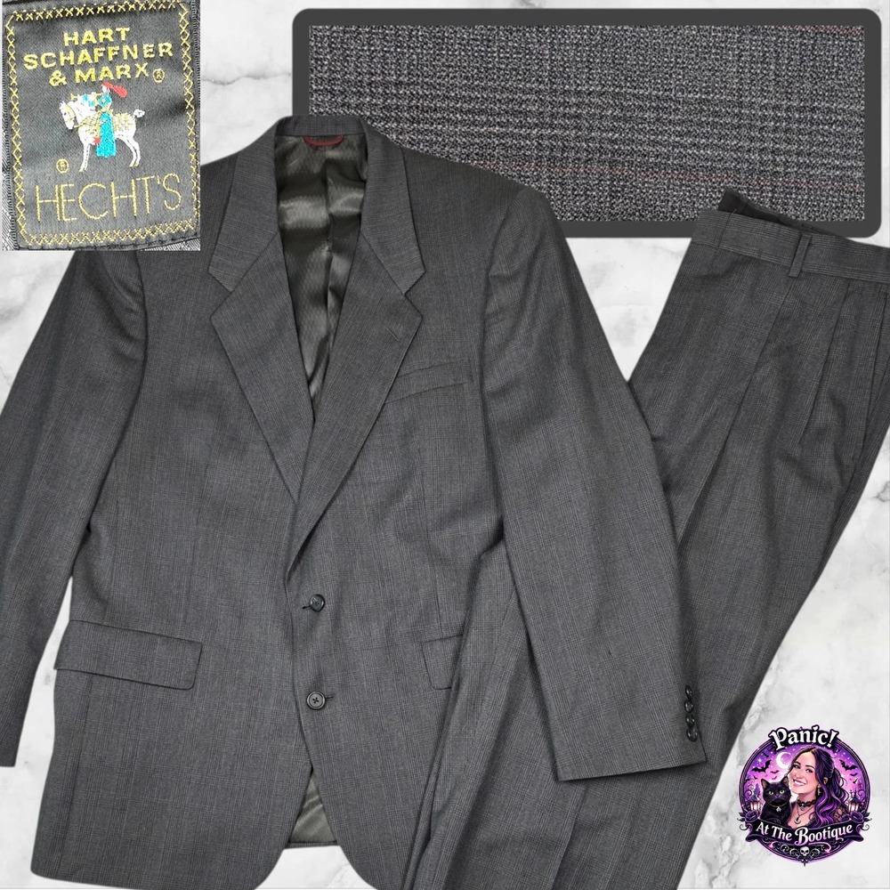 Hart Schaffner‎ & Marx 2pc Suit Mens 44L Gray Wool Glen Plaid Union Made Vintage
